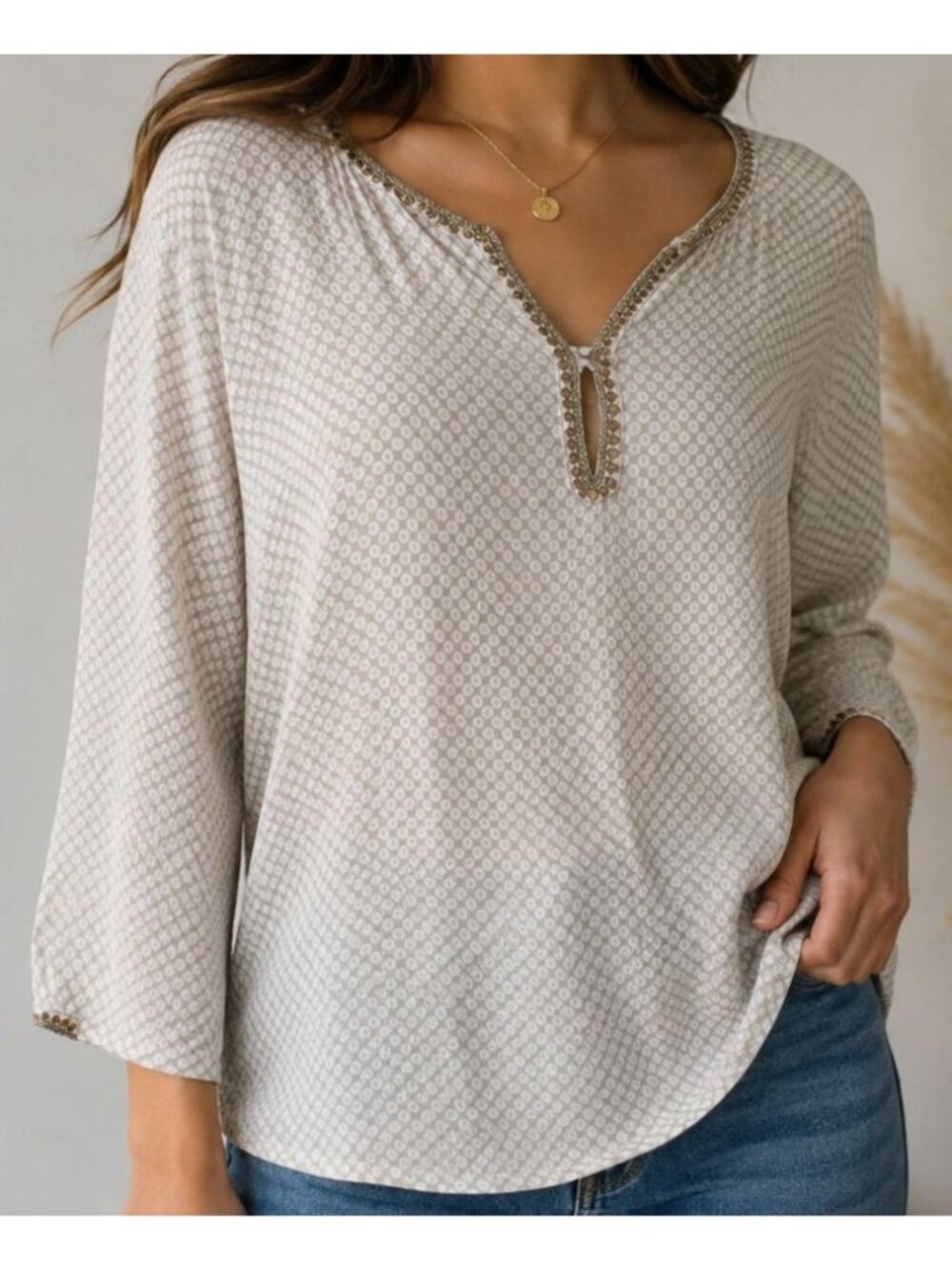 Anokhi Womens Beige V-neck 3/4 Sleeve Tunic Top Size L 100% Cotton